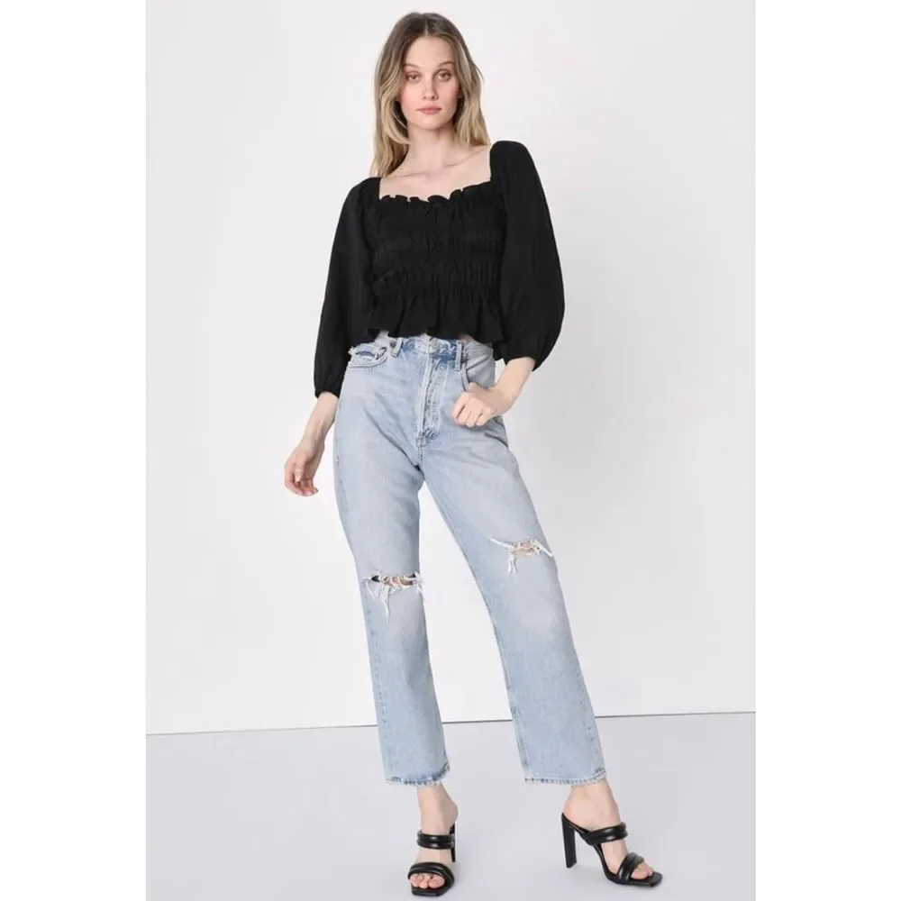 Lulus Flirty Reveal Black Smocked Puff Sleeve Lace-Up Crop Top - Picture 3 of 4
